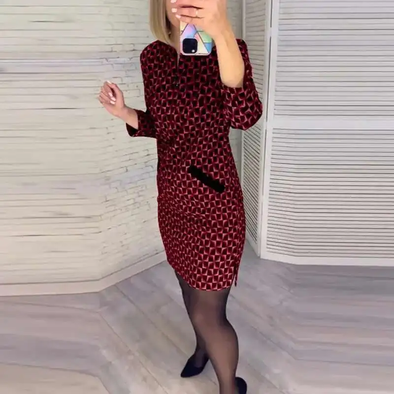 

Vintage Pattern Printed O-neck Pullover Dress Office Casual Pocket Straight A-line Dress Spring 2024 Long Sleeved Women's Dress