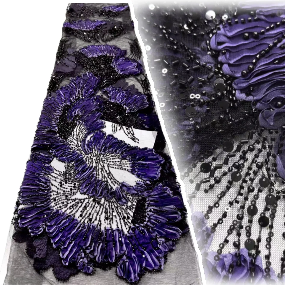 

Unique Design Africa High Quality Handmade Beautiful 3D Embroidery Beads with Sequins for Wedding or Party Dress 5Yards AH1327