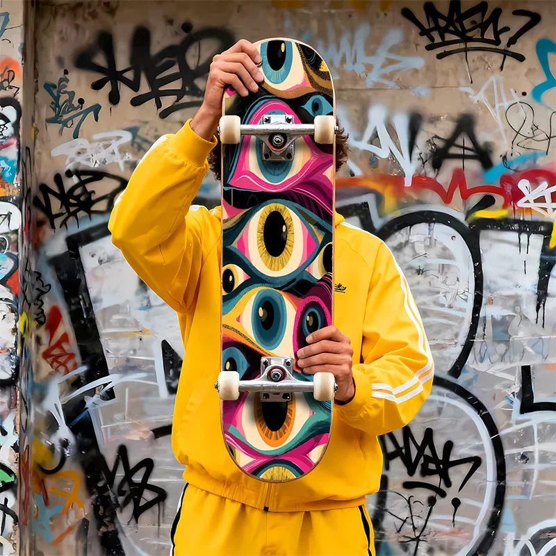 

Flat 2D designed scooter stickers with bright eye patterns, stylish skateboard bottom decals, perfect for skateboards,