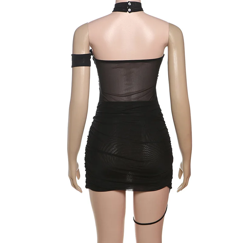 ผู้หญิง SHEER ตาข่าย Ruched Bodycon มินิเดรสเซ็กซี่ Halter Backless ปิดไหล่ Hipster PARTY Clubwear ชุด