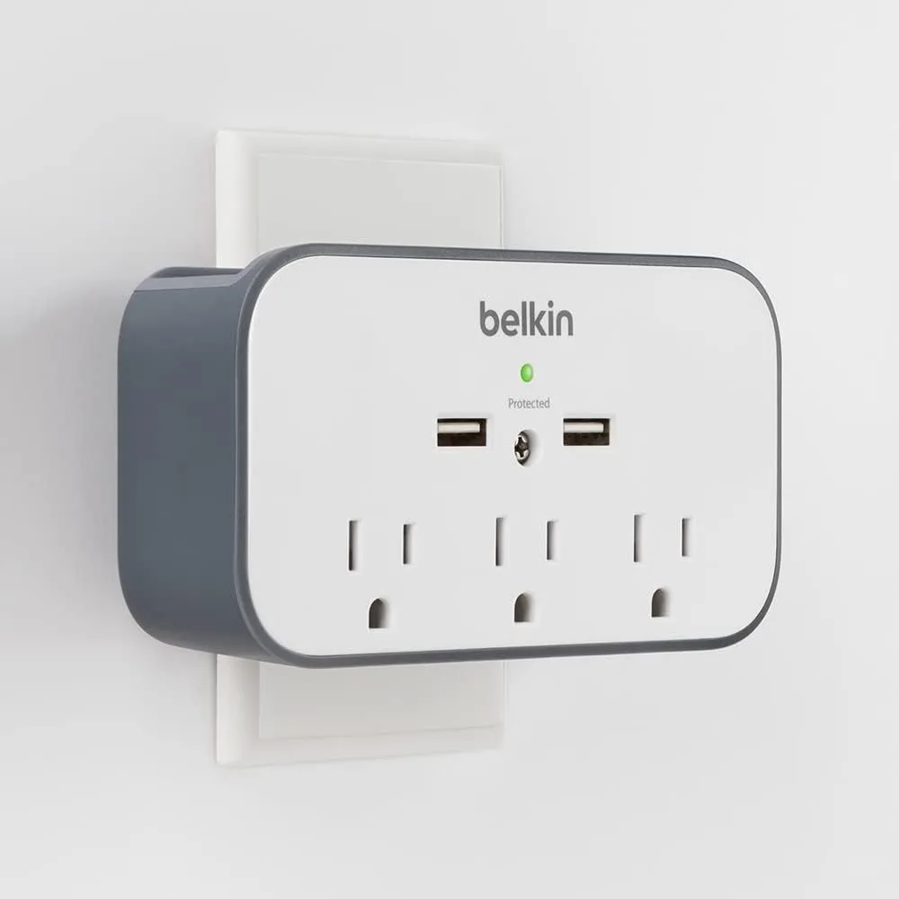 موسع مخرج تيار متردد مثبت على الحائط مع 3 منافذ ومحطتين شحن USB - تصميم قابس مسطح دوار للاستخدام المنزلي