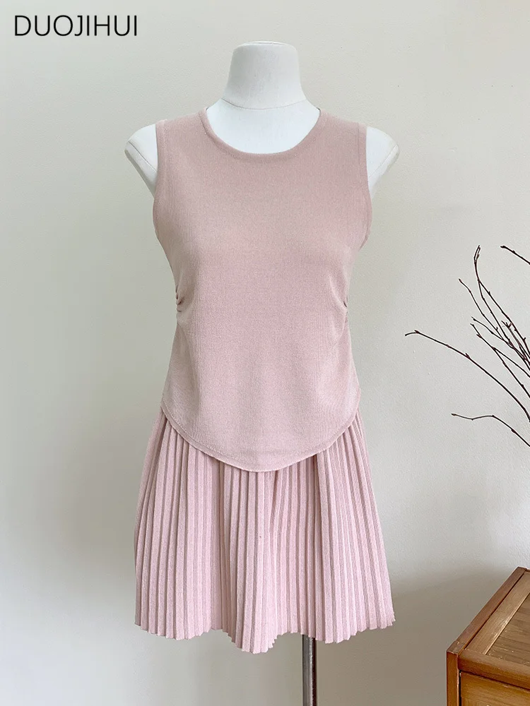 DUOJIHUI Apricot Two Piece Chic Slim Waist Female Dress Sets Basic Vest Fashion Skirt Simple Pure Color Knitted Women Dress Sets