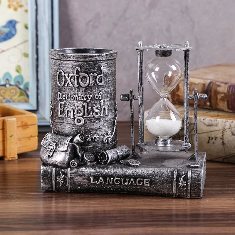Wrought Iron Vintage Old Tower Ornaments Creative Crystal Ball Hourglass Resin Crafts Study Entrance Decoration Accompanying Gif