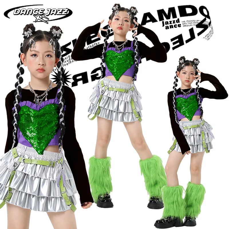 

Детская одежда в стиле хип-хоп, топ с блестками, серебряная юбка, костюм для джазовых танцев для девочек, детские костюмы для бальных танцев, наряд K-pop XS10774