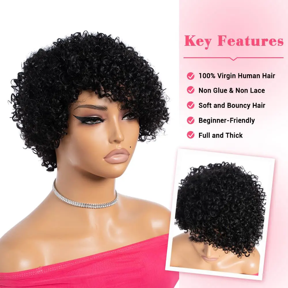Kinky Curly Wigs Human Hair  Side Part Afro Kinky Curly Wigs for Black Women  Pixie Cut Curly Wigs Human Hair 100% Full Machine