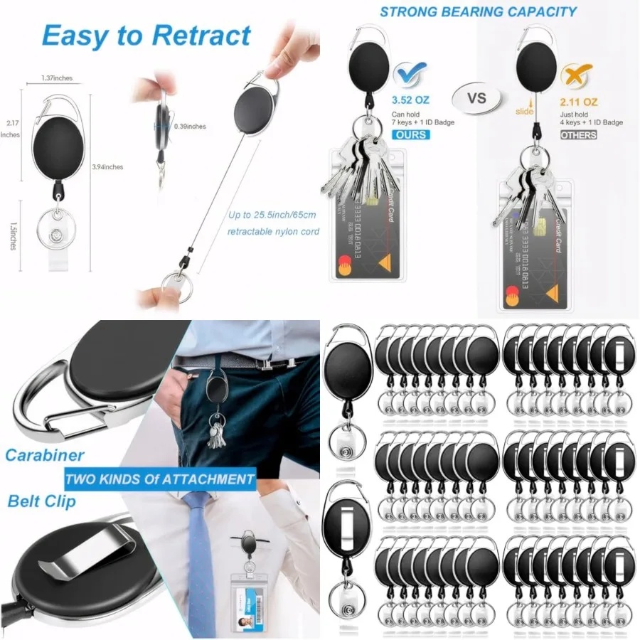

0 Pack Heavy-Duty Retractable Badge Holders with Carabiner Clip and Key Ring, Black ID Badge Reel for Office, ID Card Holder an