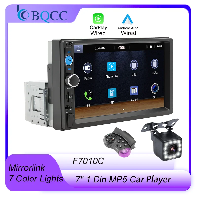 

BQCC 1 Din IPS Universal 7" Car Radio Mirrorlink Wired Android Auto Carplay BT FM Car Stereo 7 Color lights Handfree Multimedia