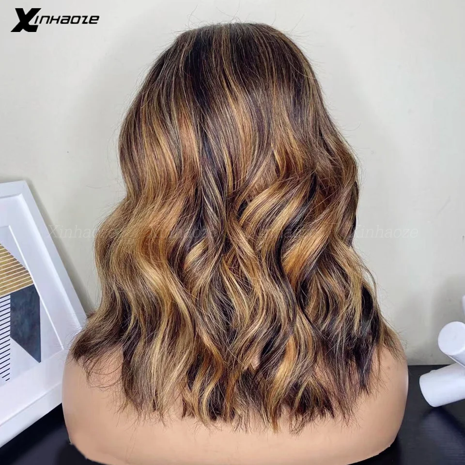 Peruca de onda corporal sem cola para mulheres, perucas de cabelo humano frontal de renda transparente, perucas louras marrons Bob, destaque 4, 30, 13x6