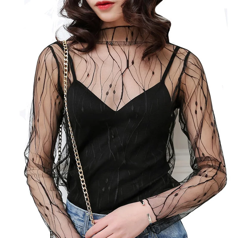 New Women Cute Net Yarn Sexy Lace Shirts  Hollow Out Style Females Turtleneck Mesh Perspective Shirt See Through Net Shirt F0170