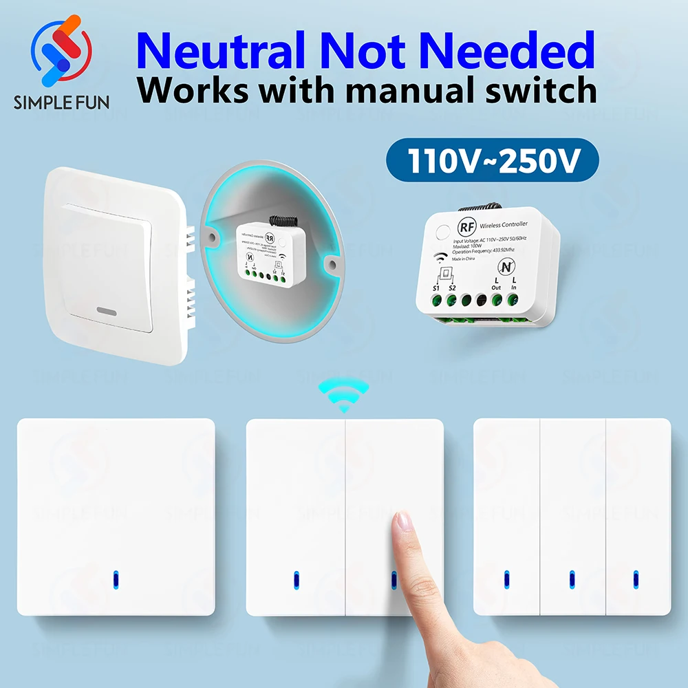 433MHZ Mini Remote Control Light Switch No Neutral Wire Required AC 110V~250V Single Live Wire RF Relay Wireless 86 Panel Switch