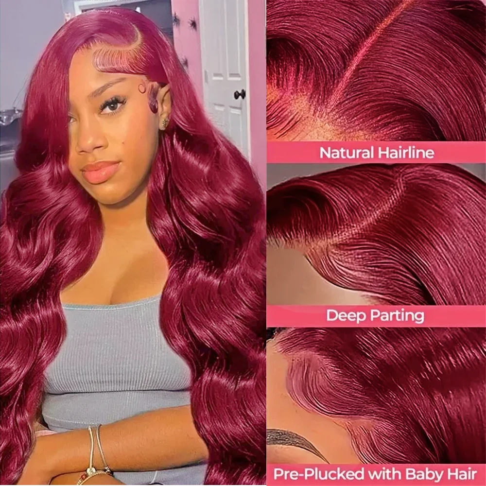 36 inch Body Wave Wig Burgundy 99J Lace Front Wig 13x4 13x6 HD Transparent Lace Frontal Wig Human Brazilian Hair Wigs for Women