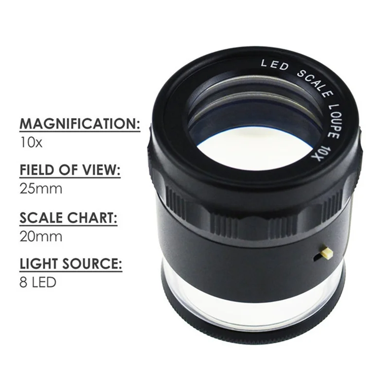 10X Loupe Magnifier, Jewelers Loupe 8 LED Light 4 Glass Scale Chart Loupe Magnifier 25Mm Field Of View Scale Loupe