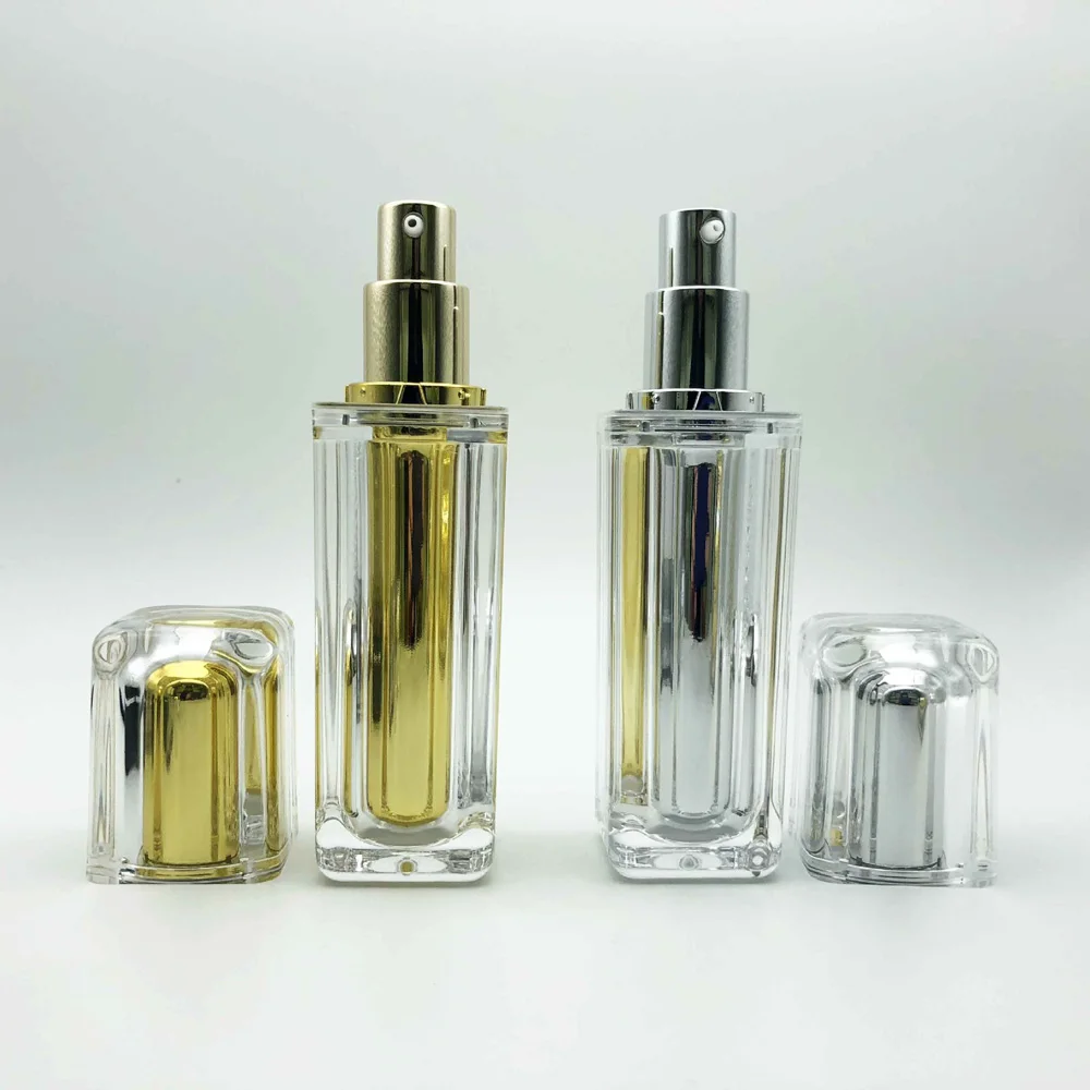 15ml & 30ml kapazität gold & silber farbe quadratische form acryl material lotion flasche mit alumite pumpe und kappe