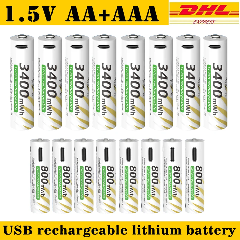 جديد ليثيوم أيون AAA و️ AA بطاريات قابلة للشحن USB ليثيوم أيون 3400mWh 1.5V AA بطاريات قابلة للشحن + 800mWh 1.5V AAA Batt