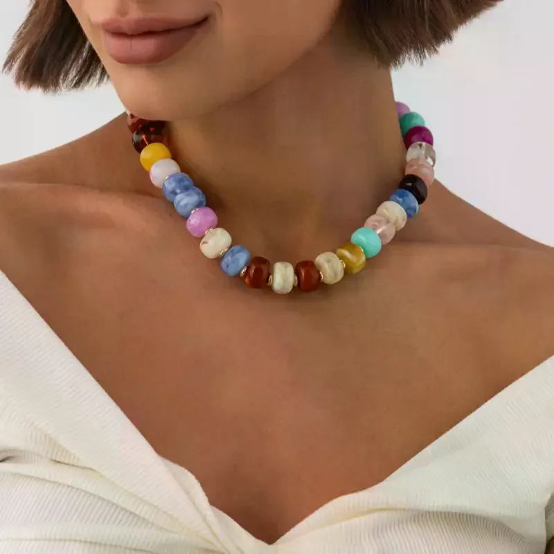 Y2K Colorful Smudging Resin Beads Chain Necklace For Women Trend Collares Vintage Clavicle Chain Party Jewelry