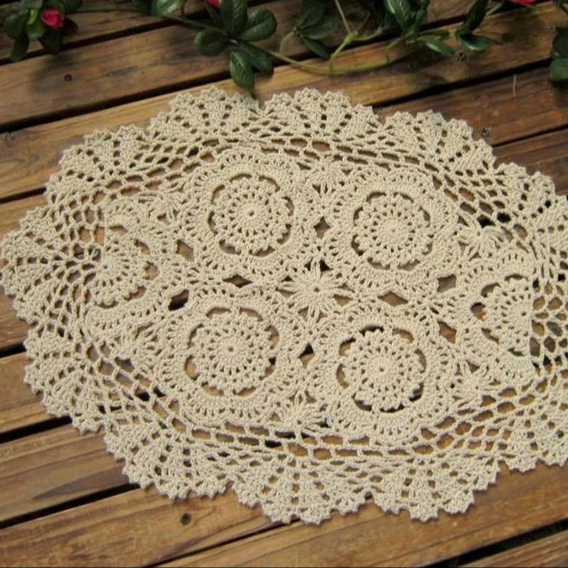 Vintage szydełkowane serwetki owalna mata na stół Shabby Chic szydełkowa podkładka ręcznie robiona dekoracja na imprezy weselne 30x45cm
