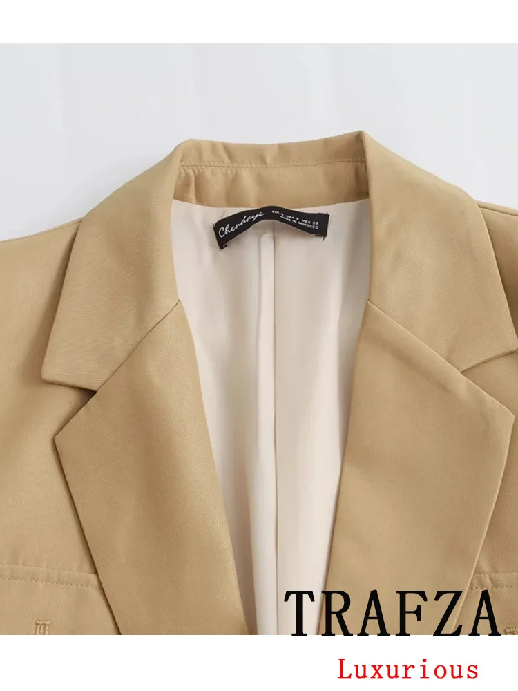 TRAFZA Vintage Casual Women Blazer Solid Single Breasted V Neck Long Sleeve Pockets Blazer New Fashion 2024 Office Lady Blazers