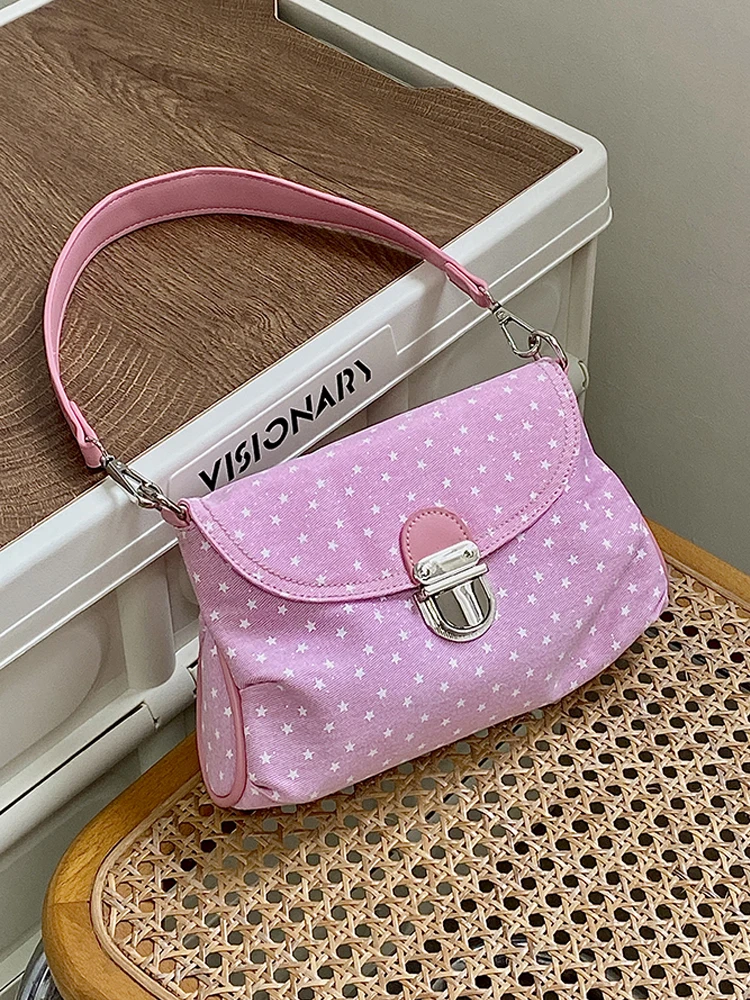 

New Women's Bag ins Pink Denim Cloth Chic Party Handbag Sweet Star Printed Date Shopping Single Shoulder Crossbody Bags