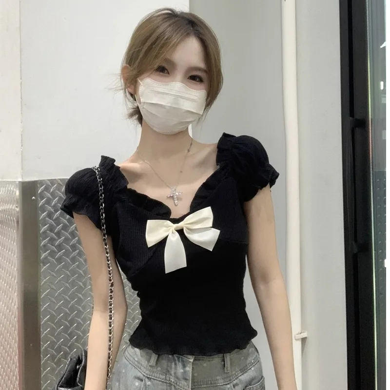 Black Bowknot Short Sleeve T-Shirt Women's Summer 2025 New Fashion Design Slim Fit Top Shoulder Width Regular Sleeve Length