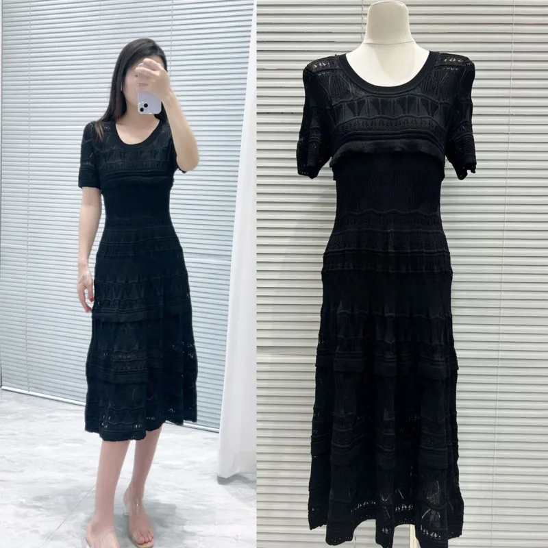 مجموعة فساتين CHUJIE 2025 الصيفية المحبوكة - فستان جاكار دانتيل بقصة ضيقة برقبة دائرية + زلة، فسكوزي مطاطي + مزيج نايلون #3