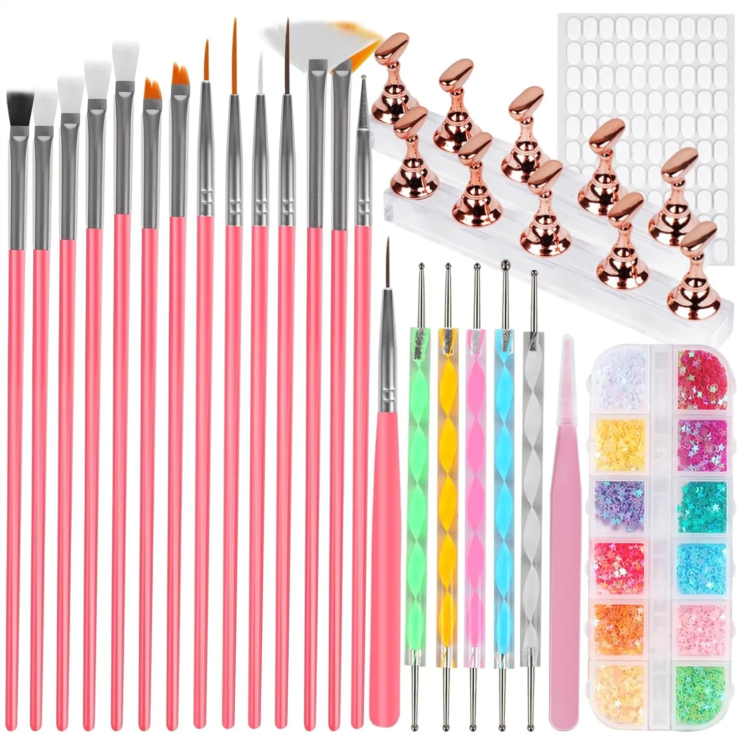 

25PCS Nail Art Tools Set, Professional Brushes, Dotting Tools, Stands & Jelly Glue for DIY Nail Designs