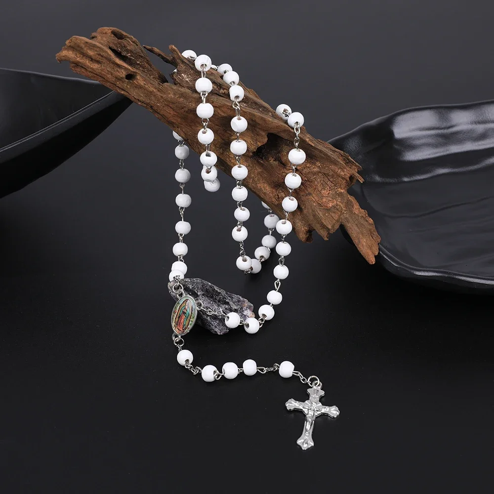 Holz-Rosenkranz-Halskette für Damen, 6 mm, Holz-Gebetsperlen, lange Kette, religiöser Anhänger mit der Jungfrau Maria und dem Kreuz, Herren-Party-Schmuck, Geschenk. – Detail 3