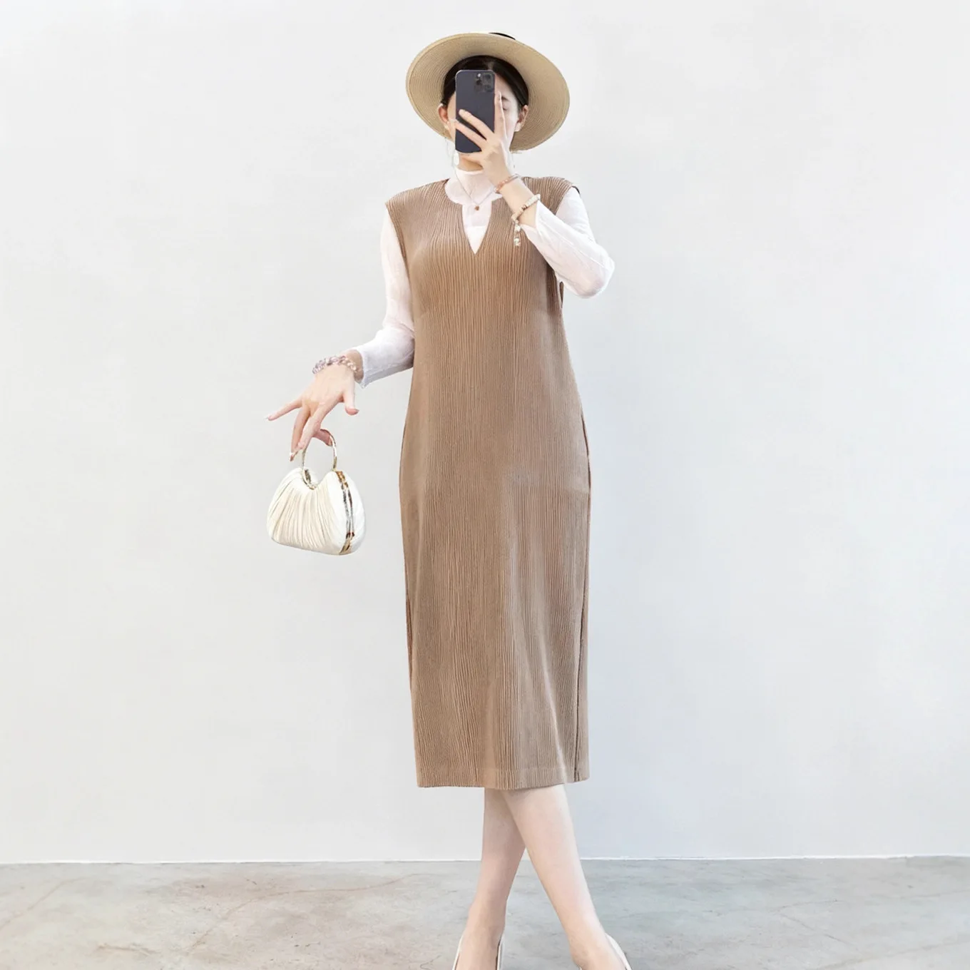 

Miyake Pleated 2026 Fall and Winter New Undershirt Dress V-neck Four Seasons Models Big Yards Skirt Sleeveless Dresses for Women