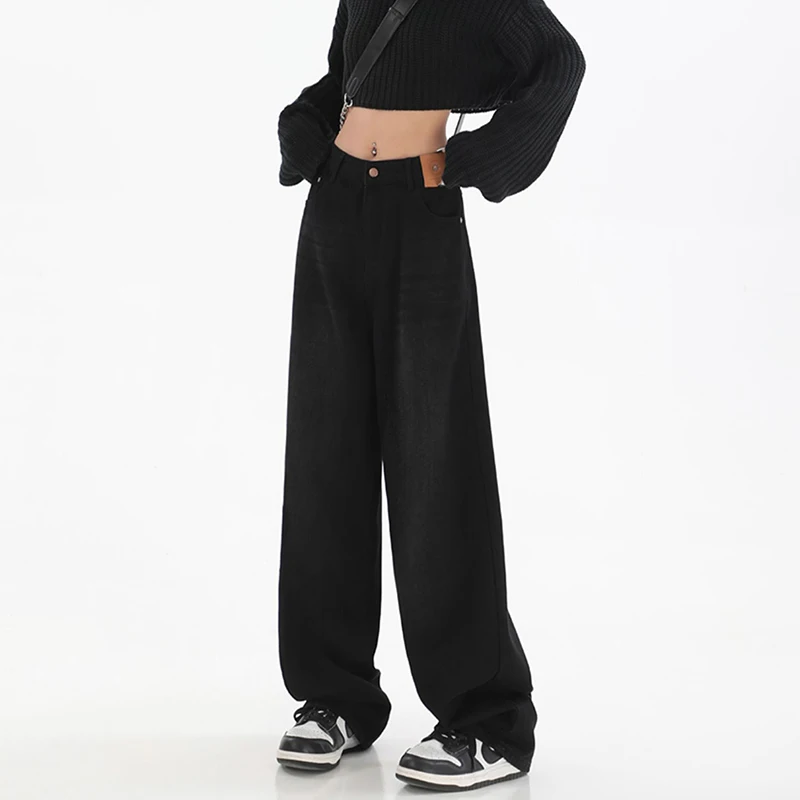 الإناث الكلاسيكية الرجعية عالية الخصر فضفاض الجينز النساء الكورية اليومية مستقيم الساق سراويل جينز الفتيات السراويل الطويلة مريحة