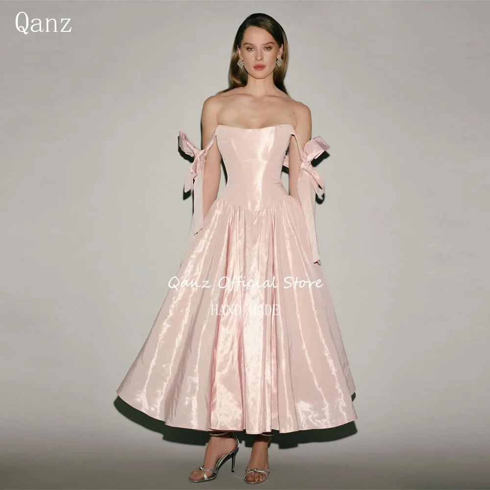 

Qanz Blush Pink Prom Dress Ankle Length Off The Shoulder Wedding Guest Dresses Women Backless Elegant Evening Gowns Customized