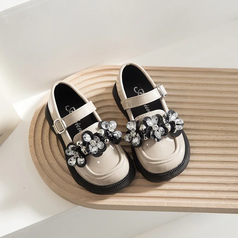 

Girls Mary Jane Shoes Luxury Rhinestone Children Leather Shoes Thick Bottom Versatile Kids Causal Princess Fashion Shoes Soft
