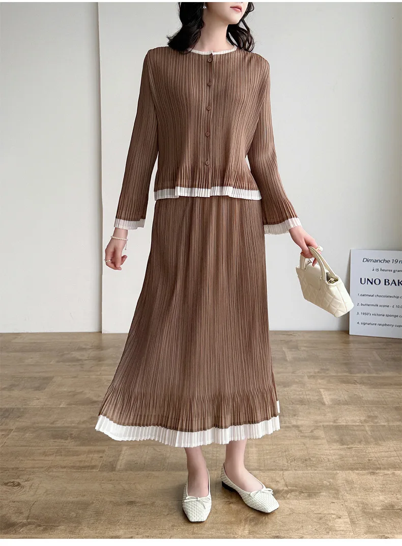 

Женский плиссированный комплект из 2 предметов, блузка на пуговицах с длинными рукавами, юбка-миди с контрастной отделкой, свободный крой, повседневная одежда, весенне-осенняя одежда