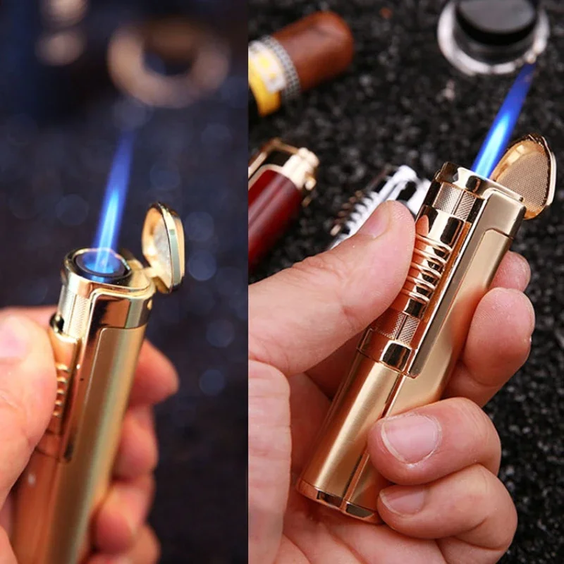 New Outdoor Windproof Metal Portable Torch Turbo Butane Gas Lighter Straight Flush Fire Cycle Inflatable Cigar Tools Men Gift