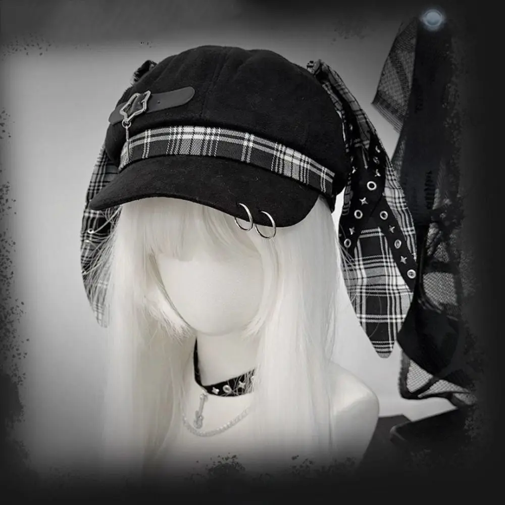 New Metal Ring Accents Rabbit Ear Beret Plaid Pattern Y2K Punk Style Punk Beret Cap Black Crown Lop Ear Hat Alternative Fashion