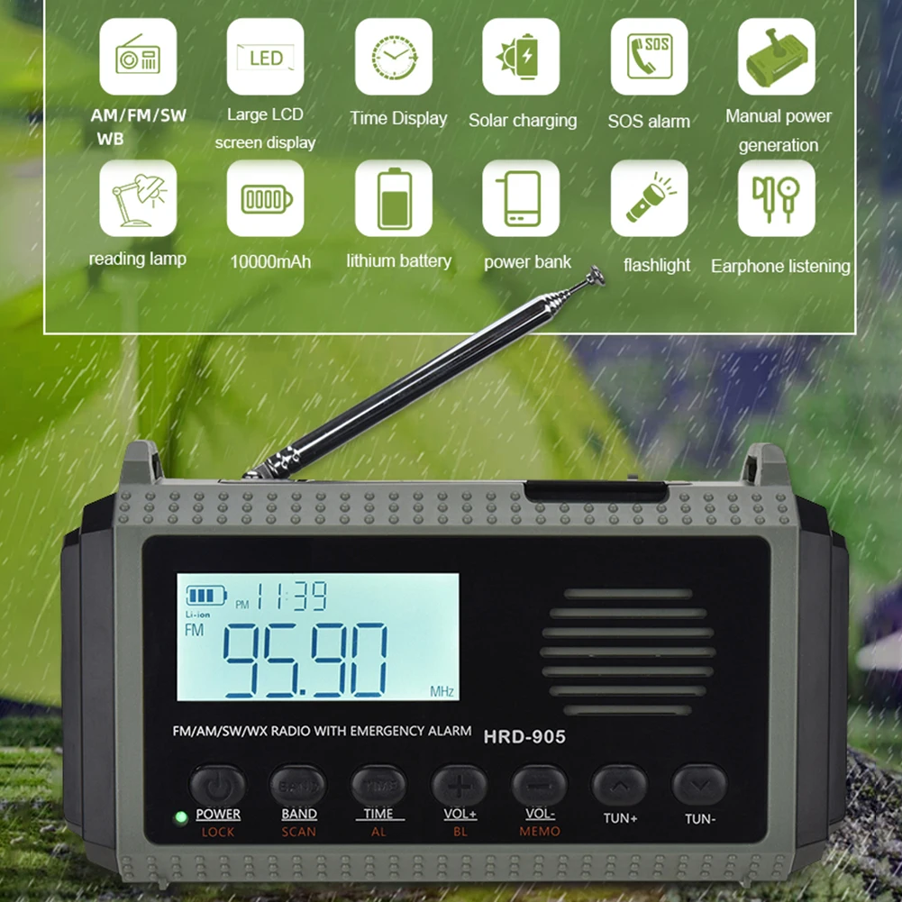 12000mAh Emergency Solar Power Radio Hand Crank Radio AM/FM/NOAA Weather Radio with LED Torch USB Charger for Outdoor Survival