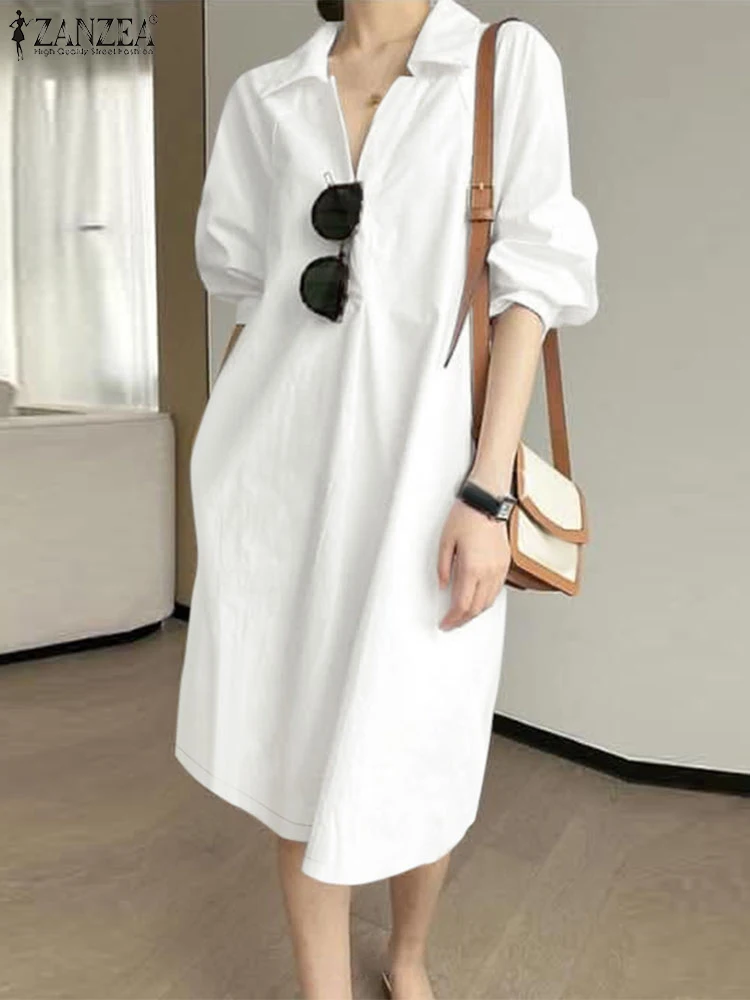 Herbst Frühling Hemd Kleid ZANZEA Mode Frauen Revers Neck Büro Arbeit Kleider Elegante 3/4 Hülse Midi Sommerkleid Urlaub Vestidos