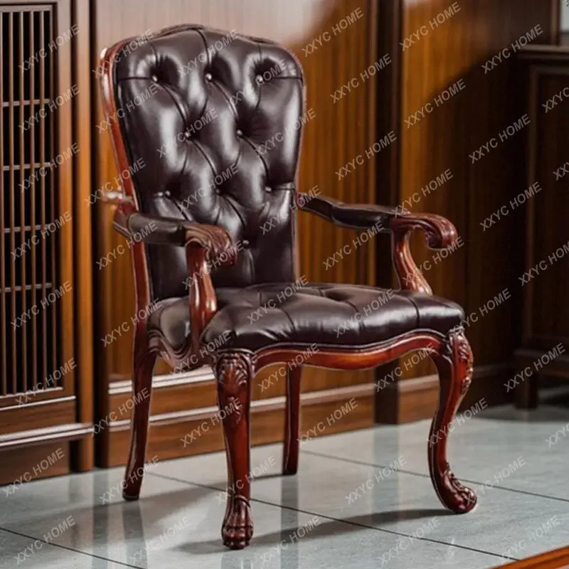 Solid Wood Book Chair Vintage Study Luxury High-end Backrest Chair Solid Wood Carved Leather Executive Office Chair