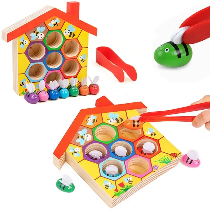 Montessori brinquedos de madeira cor cognição clipe contas correspondência braçadeira abelha casa armadilha jogo cedo brinquedos educativos presente para crianças