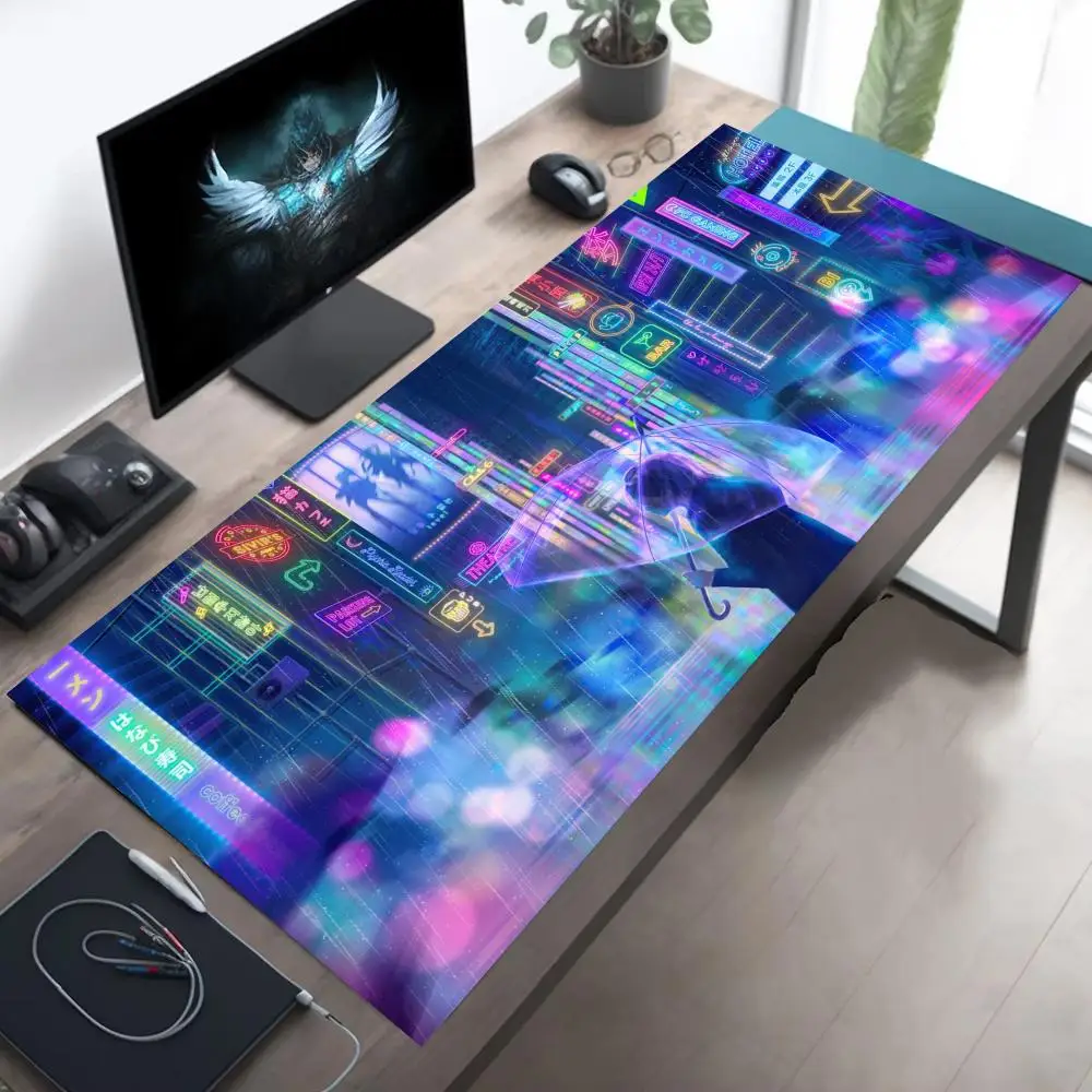 

An anime girl strolls on the street with an umbrella and a mouse pad protection mat extended writing mats XXL Mouse Pad