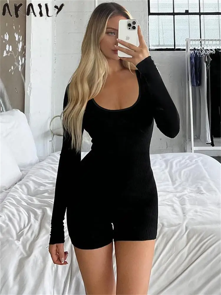 

Akaily Fall New White Long Sleeve Bodycon Romper Streetwear Outfits For Women 2023 Causal Sporty One Pieces Basic Black Playsuit