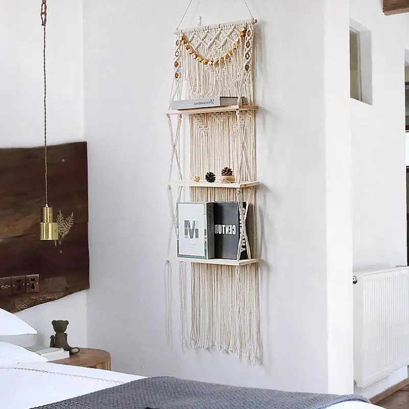 

Boho Wall Shelf For Bedroom 3 Tire Macrame Rustic Wood Wall Shelves With Handmade Woven Hanger Chic Tassels Pendant