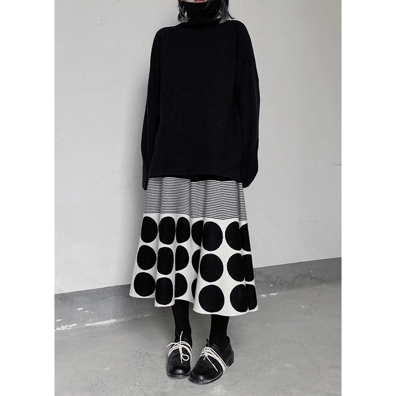 Vintage Polka Dots Knitted Midi Skirt Women Harajuku Striped Patchwork Skirts Winter Korean Elegant Loose Design A Line Faldas