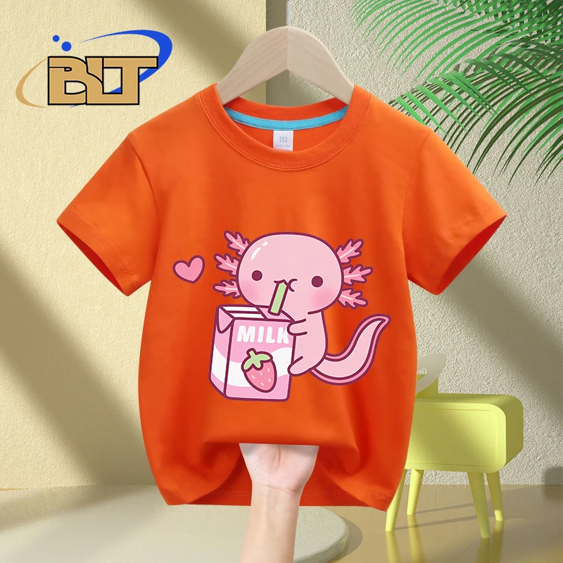 Cute Axolotl Loves Strawberry Milk Doodle printed kids T-shirt summer pure cotton short-sleeved casual tops for boys and girls