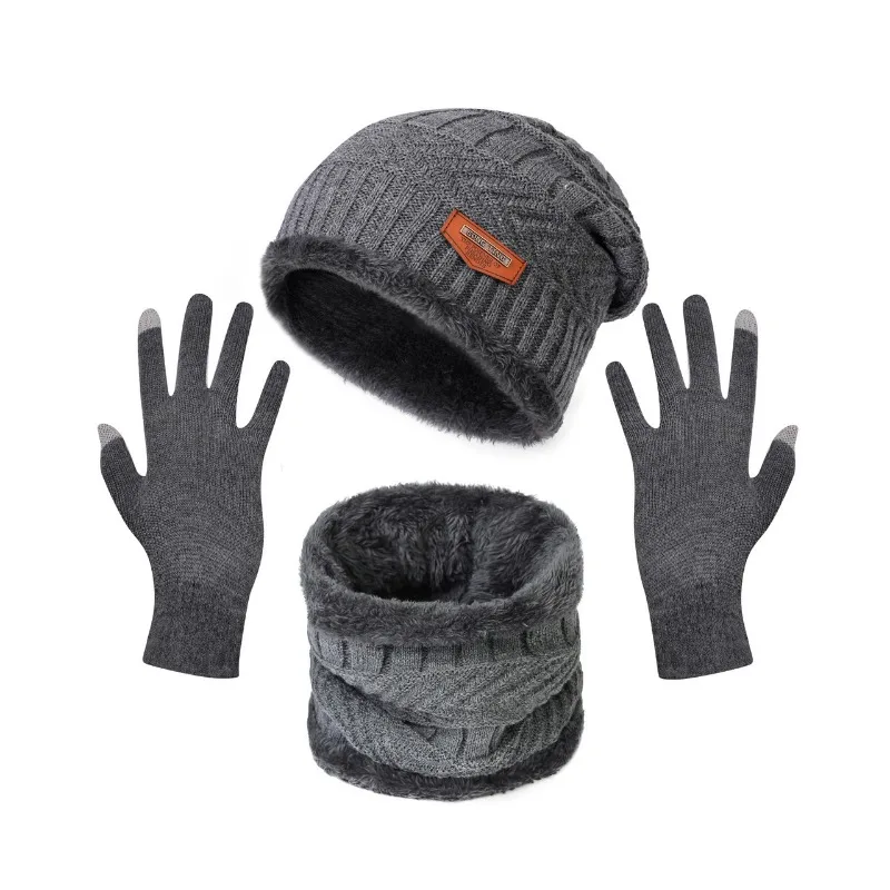 Men\'s Windproof Hat Outdoor Travel Leisure Winter Scarf Gloves Three-Piece Set Neck Warm Winter Thick Beanie Hat Knitted Hat Set