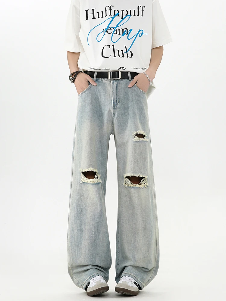 

Light Wa Men's Summer Thin Straight Leg Jeans Knee Hole Wide Leg Pants American Sle Casual Trendy Low Waist Jeans