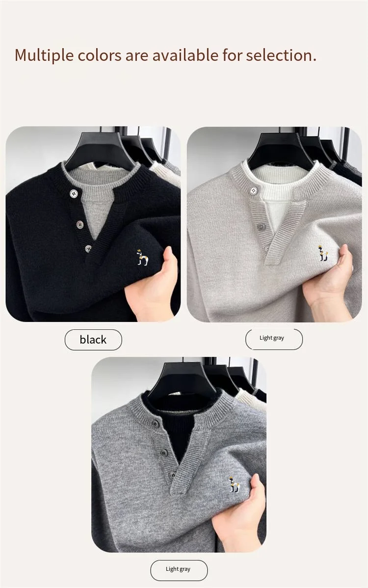 Koreanische Version Modischer Herren-Langarm-Strickpullover mit Knöpfen, Farbblockierung, Zweiteiler-Optik und Stickerei, Bestseller für Männer – Detail 6