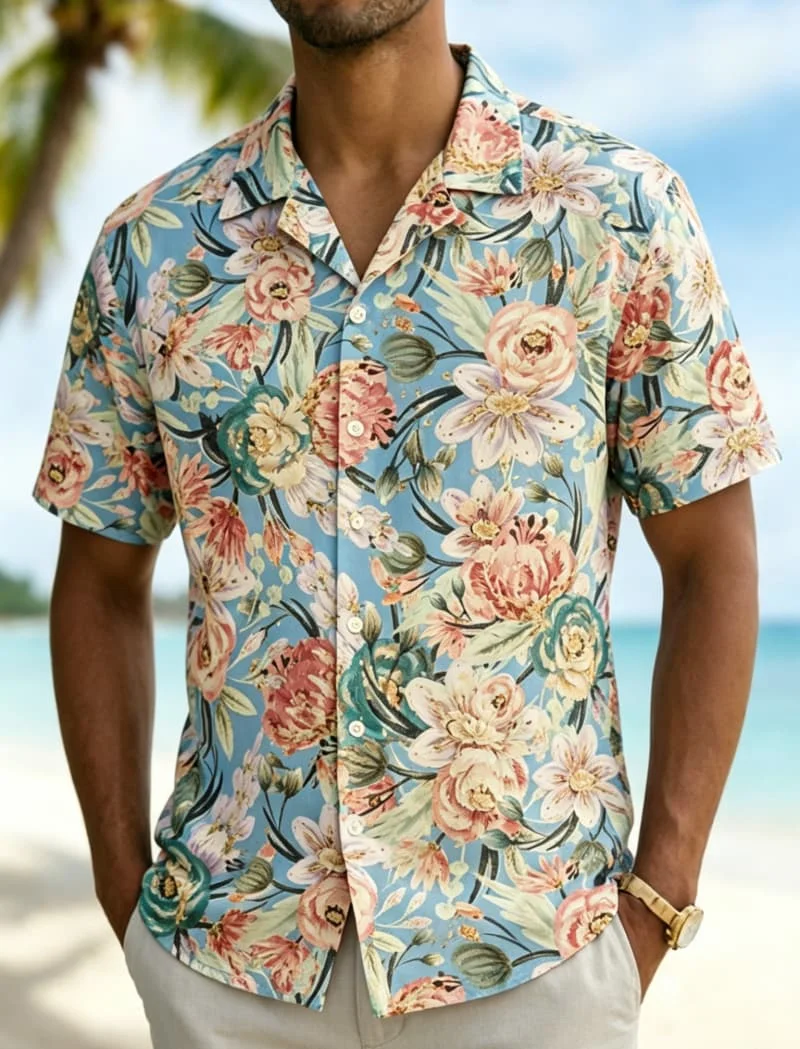 

Men's Bold Floral Print Hawaiian Shirt, Artistic Tropical Style for Summer Outings, Pool Parties, Casual Looks & Streetwear