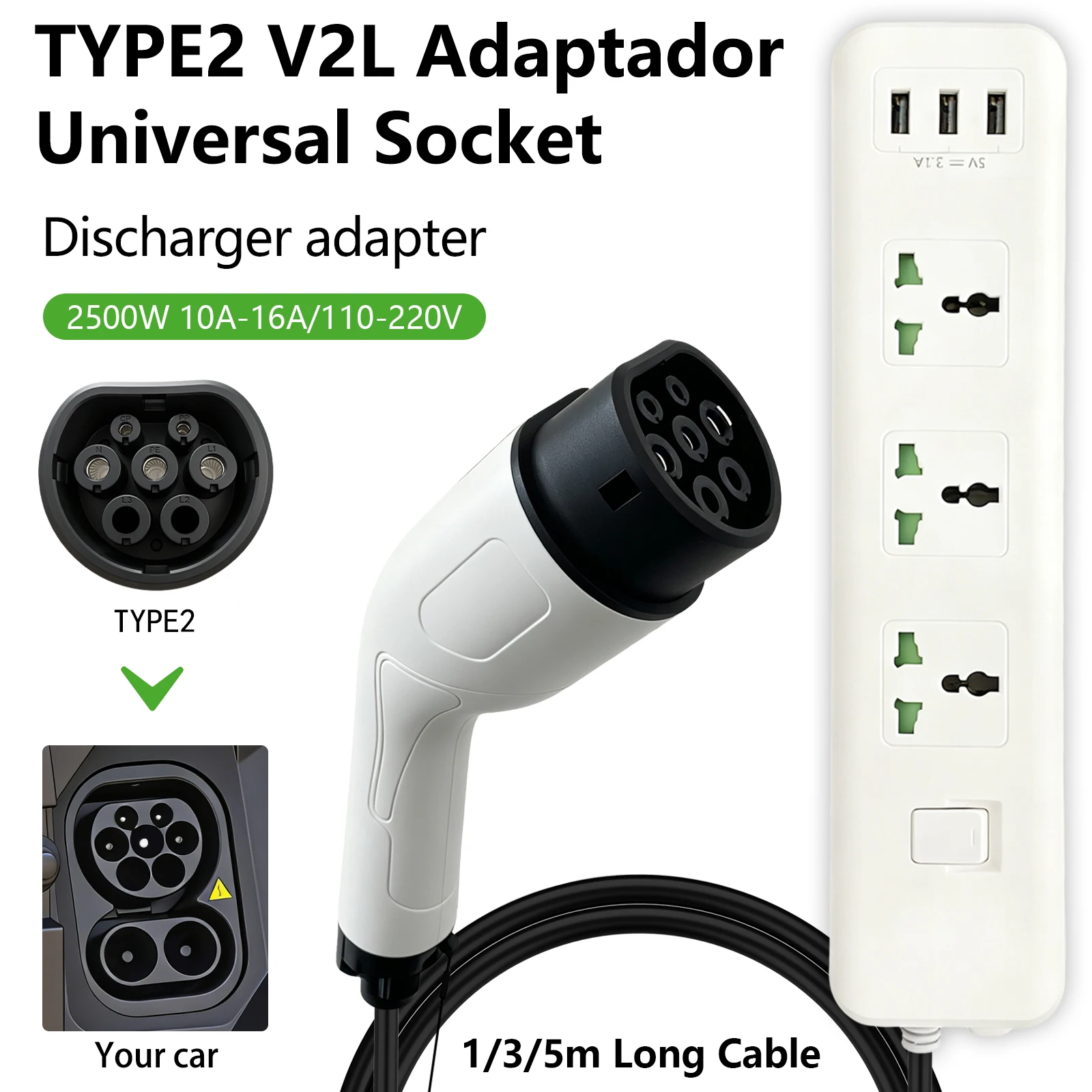 Type2 V2L Discharger Adapter Multi‑Function Power Strip EV Discharge for BYD GWM MG Geely Chery XPENG Camping Electric Vehicles