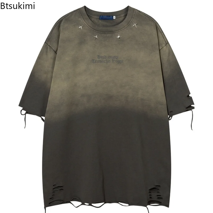 

Men's Vintage Oversized T-shirt Spliced Summer High Street Washed Distressed Crew Neck Long Sleeve Loose Hole Cotton Tee Tops