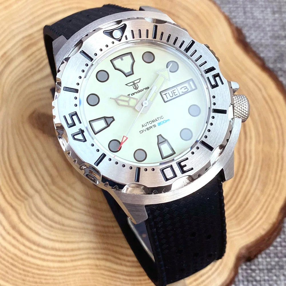 

42mm Tandorio 20Bar Japan NH36 AR Sapphire Crystal Monster Men Automatic Watch Green Luminous Dial 3.8 o'clock Date Week Display