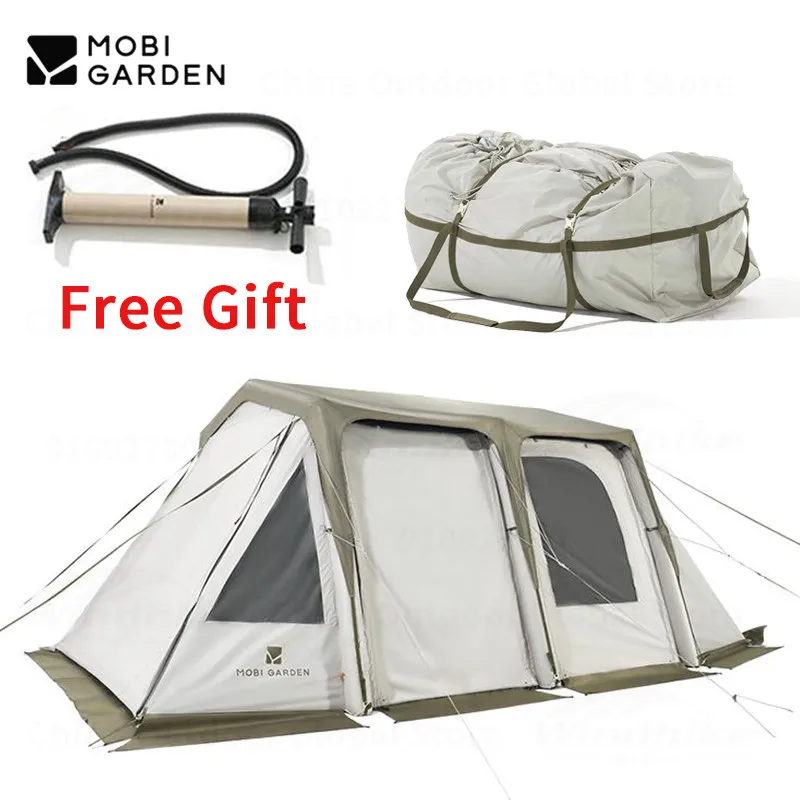 MOBI GARDEN Outdoor Camping Tunnel Tent PVC Integrated Air Column Inflatable Tent 2 Bedrooms Hiking Travel Tent Free Inflator